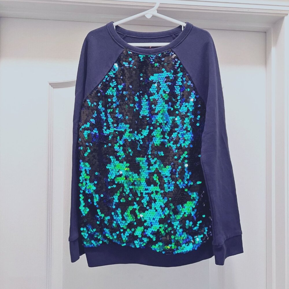 Cat & Jack Girls Sz Large (10-12) Sequin Sweatshirt-Navy Blue/Green-School-Fall